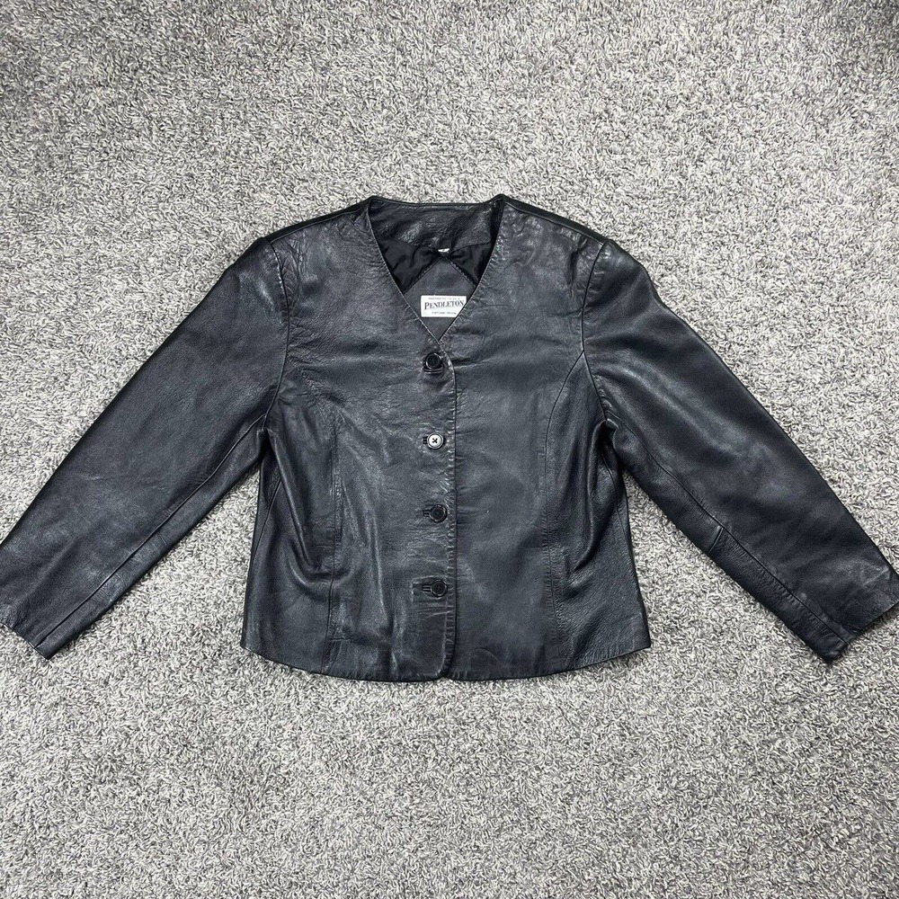 Pendleton Leather Jacket Black Button V Neck Size… - image 1